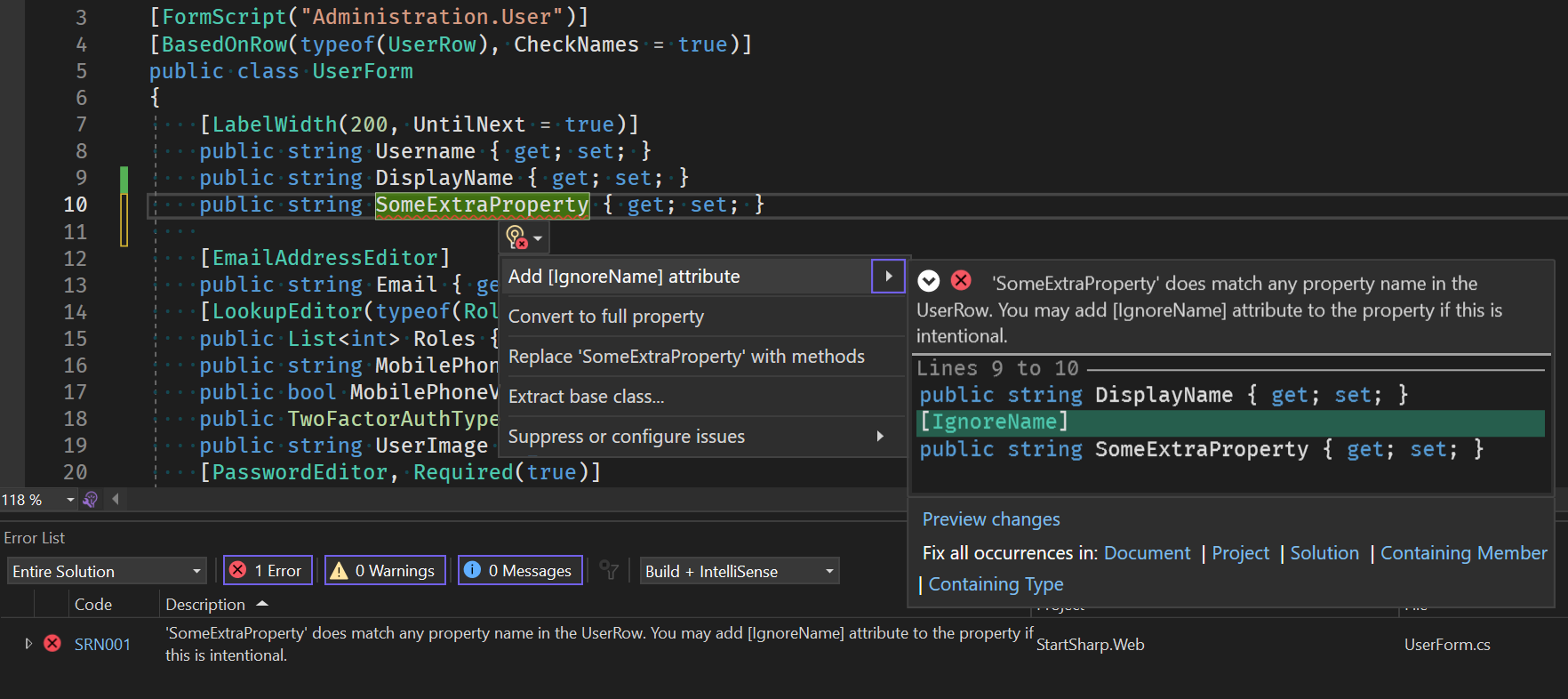 SomeExtraProperty Error