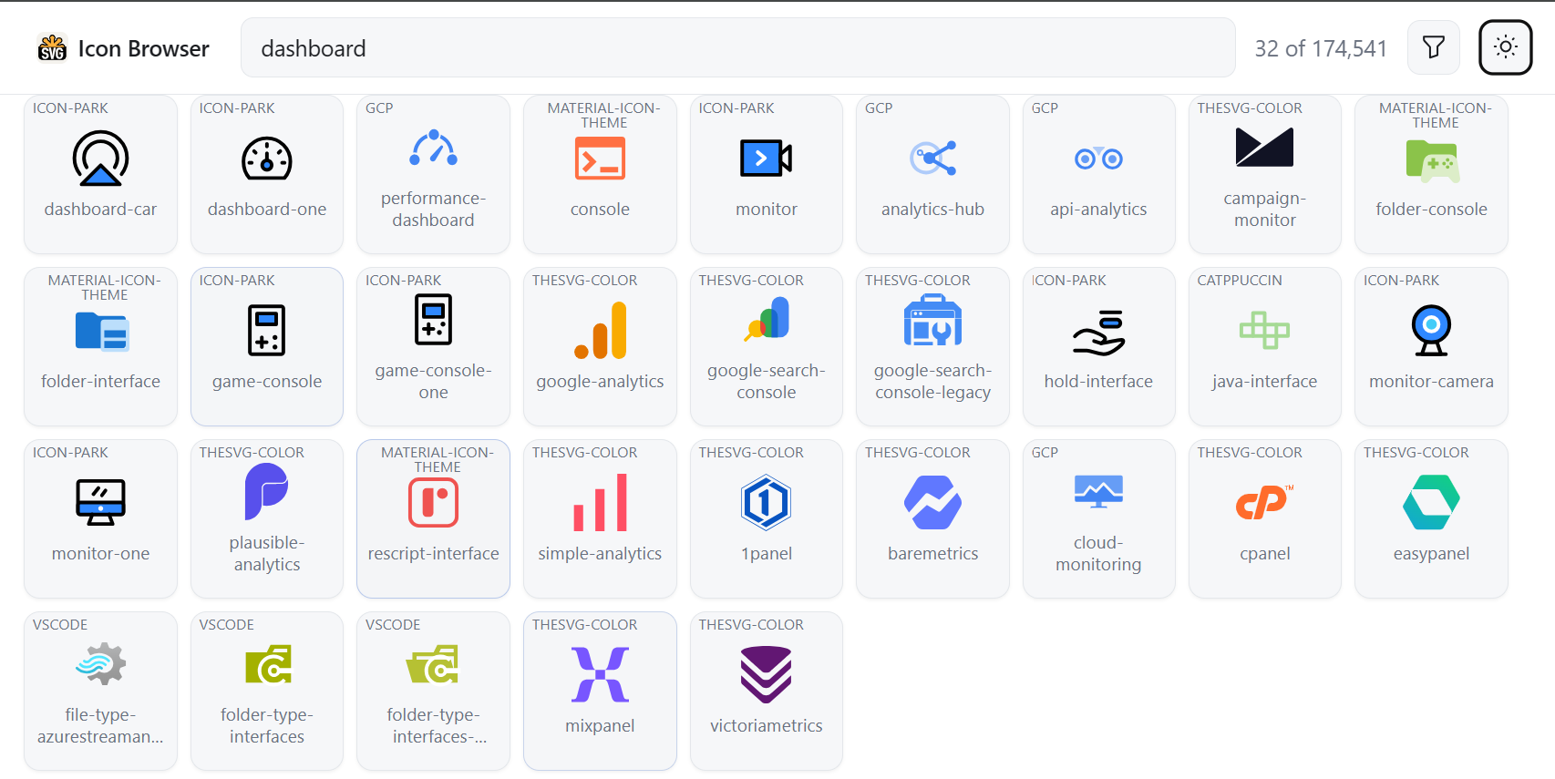 Icon browser in light theme showing multicolor icons