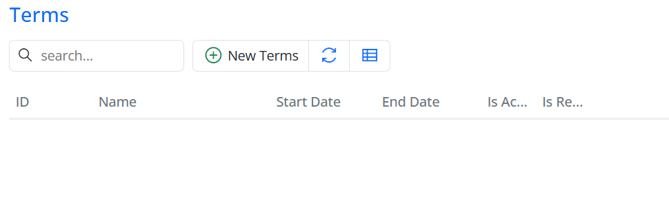 Terms columns: IsActive and IsRegistrationOpen