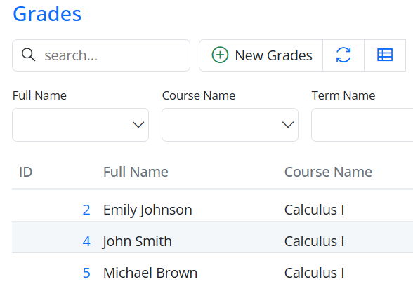 Quick filters in the Grades screen